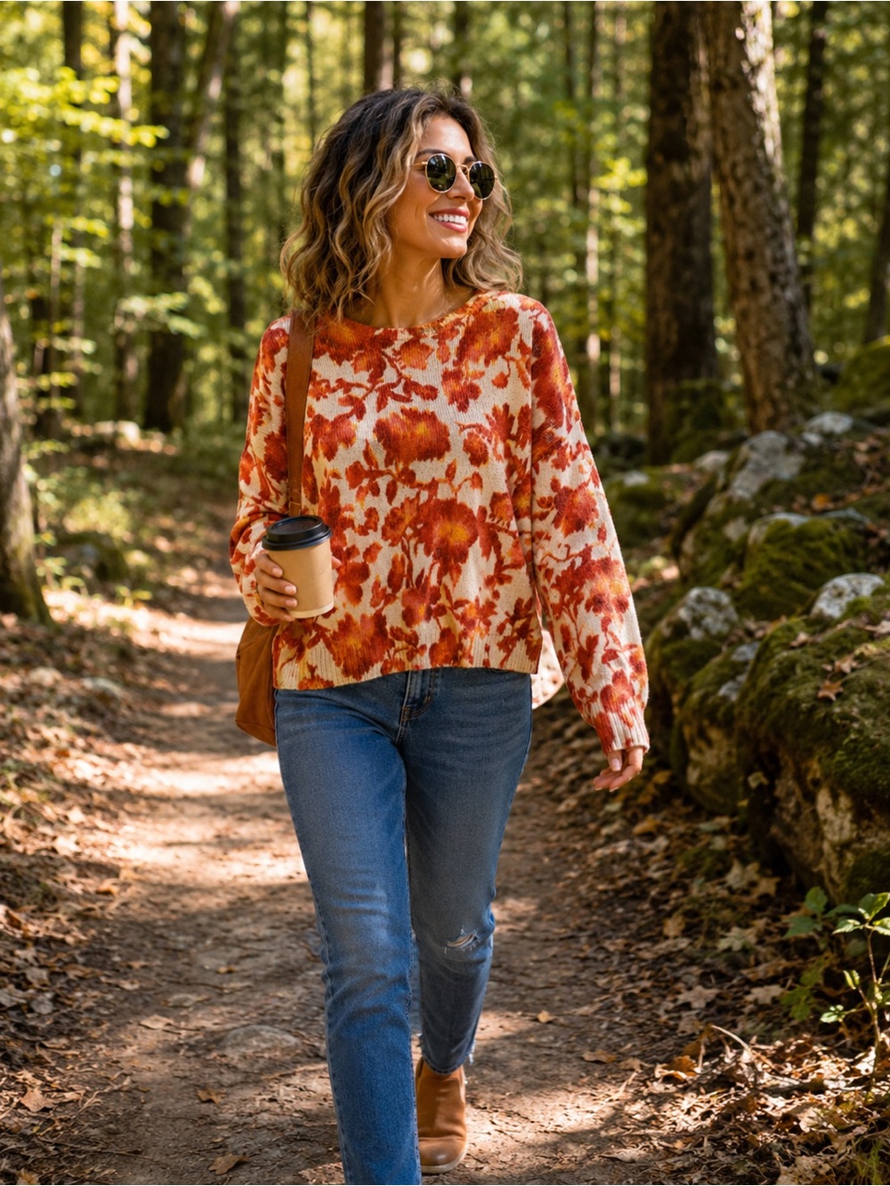 CeCe Floral Knit Sweater - Orange and Cream